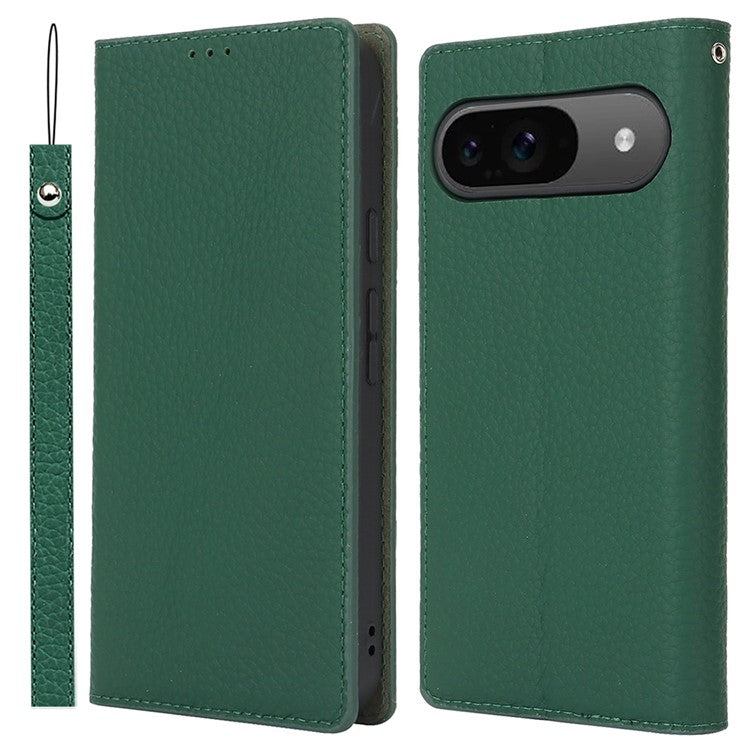 For Google Pixel 9 / 9 Pro Case with Hand Strap Genuine Cow Leather Phone Cover - Green