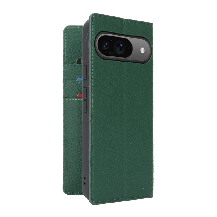 For Google Pixel 9 / 9 Pro Case with Hand Strap Genuine Cow Leather Phone Cover - Green