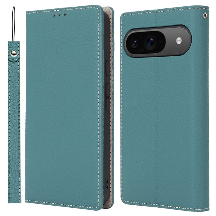 For Google Pixel 9 / 9 Pro Case with Hand Strap Genuine Cow Leather Phone Cover - Baby Blue