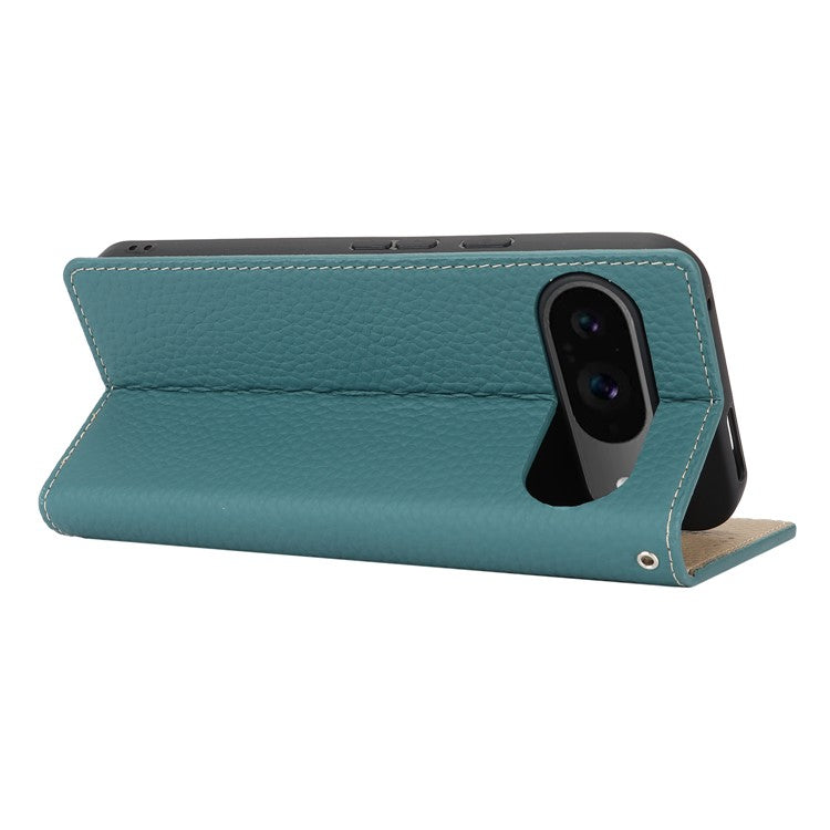 For Google Pixel 9 / 9 Pro Case with Hand Strap Genuine Cow Leather Phone Cover - Baby Blue