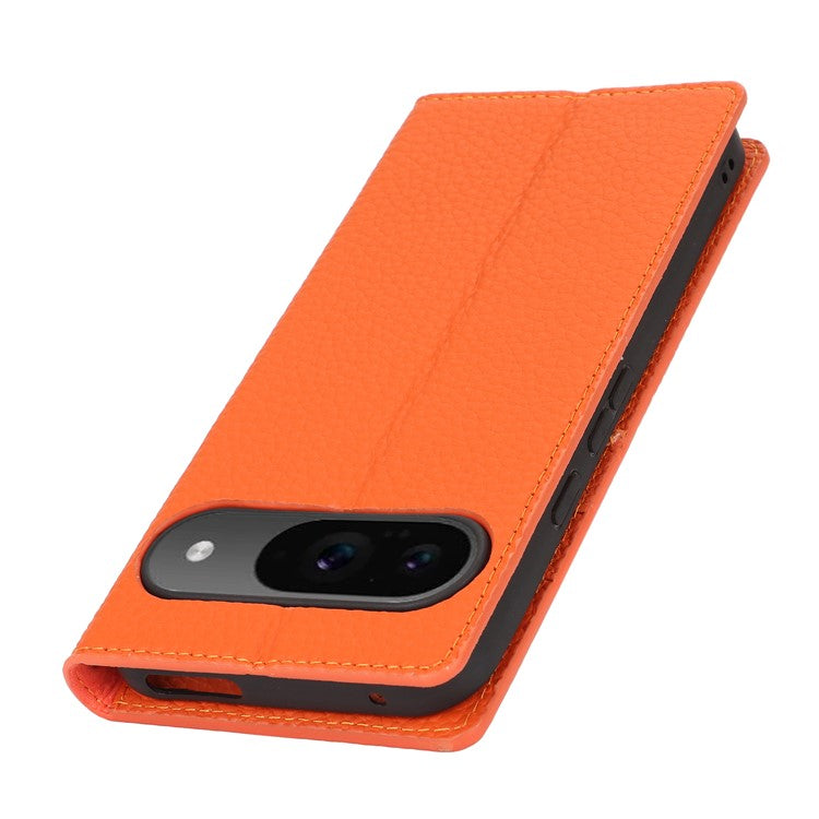 For Google Pixel 9 / 9 Pro Case with Hand Strap Genuine Cow Leather Phone Cover - Orange