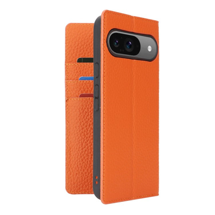 For Google Pixel 9 / 9 Pro Case with Hand Strap Genuine Cow Leather Phone Cover - Orange