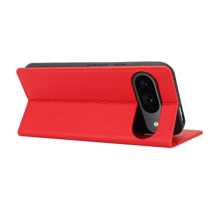 For Google Pixel 9 / 9 Pro Case with Hand Strap Genuine Cow Leather Phone Cover - Red