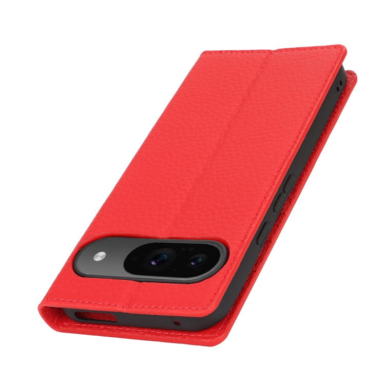 For Google Pixel 9 / 9 Pro Case with Hand Strap Genuine Cow Leather Phone Cover - Red