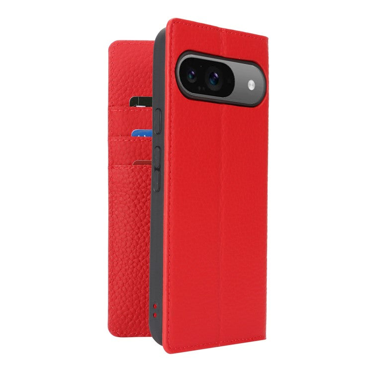 For Google Pixel 9 / 9 Pro Case with Hand Strap Genuine Cow Leather Phone Cover - Red