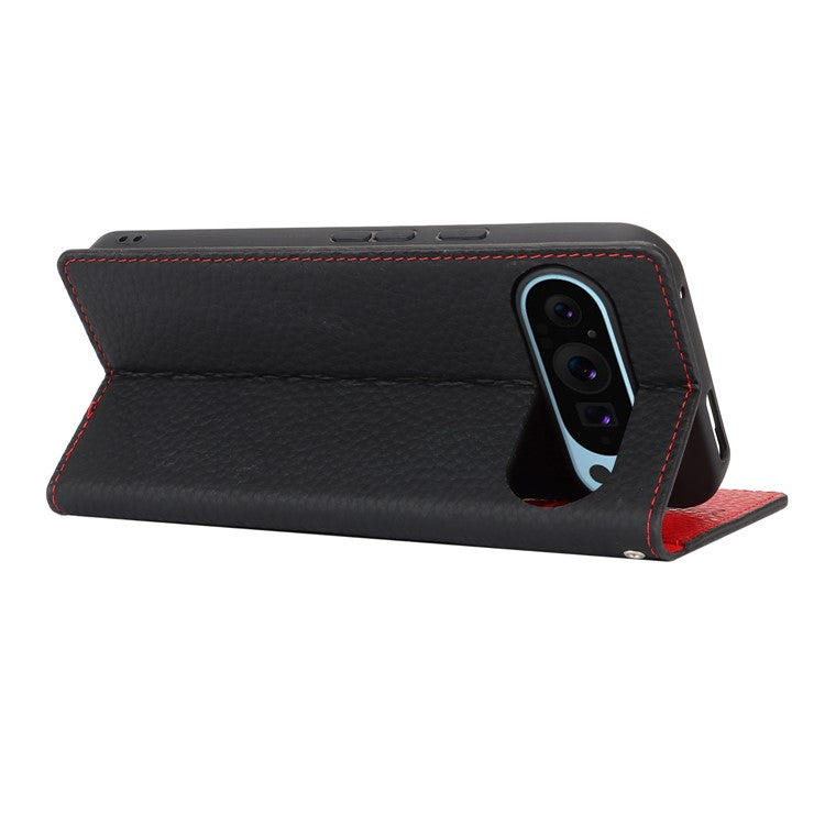 For Google Pixel 9 Pro XL Case Litchi Texture Genuine Cow Leather Phone Cover - Black