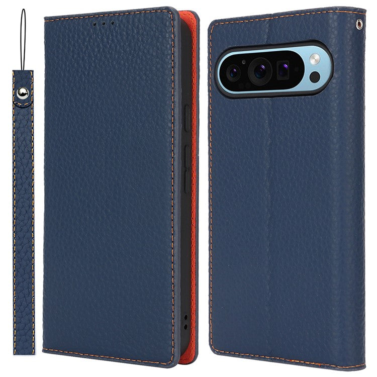 For Google Pixel 9 Pro XL Case Litchi Texture Genuine Cow Leather Phone Cover - Dark Blue