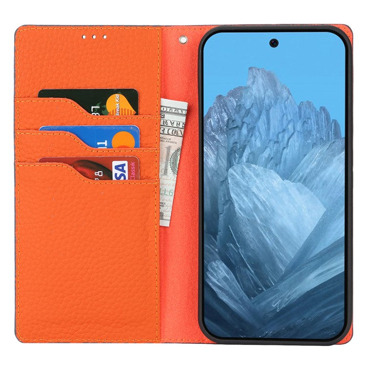 For Google Pixel 9 Pro XL Case Litchi Texture Genuine Cow Leather Phone Cover - Dark Blue