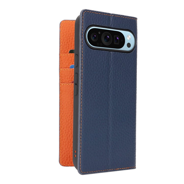 For Google Pixel 9 Pro XL Case Litchi Texture Genuine Cow Leather Phone Cover - Dark Blue