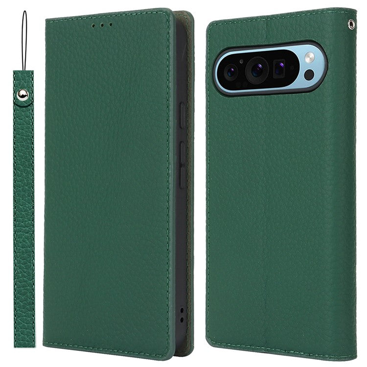 For Google Pixel 9 Pro XL Case Litchi Texture Genuine Cow Leather Phone Cover - Green