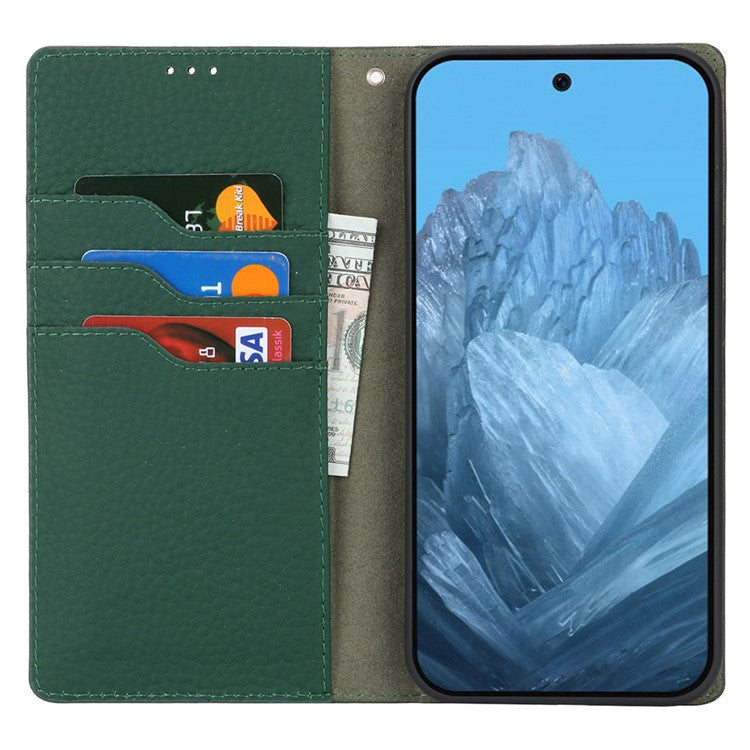 For Google Pixel 9 Pro XL Case Litchi Texture Genuine Cow Leather Phone Cover - Green