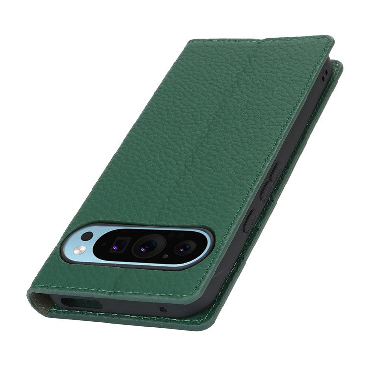 For Google Pixel 9 Pro XL Case Litchi Texture Genuine Cow Leather Phone Cover - Green