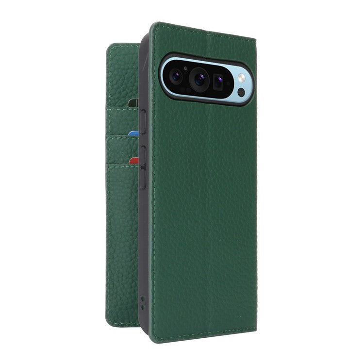 For Google Pixel 9 Pro XL Case Litchi Texture Genuine Cow Leather Phone Cover - Green