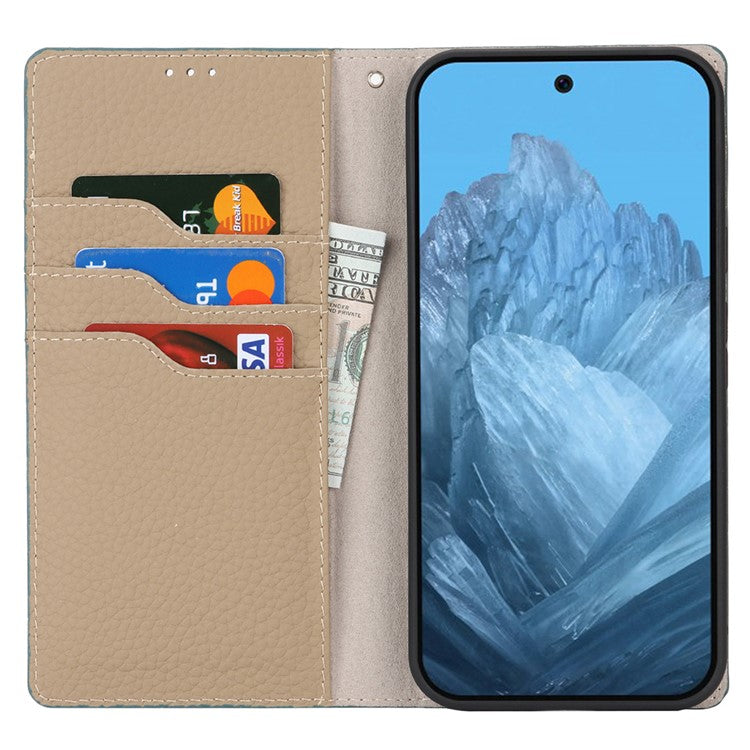 For Google Pixel 9 Pro XL Case Litchi Texture Genuine Cow Leather Phone Cover - Baby Blue