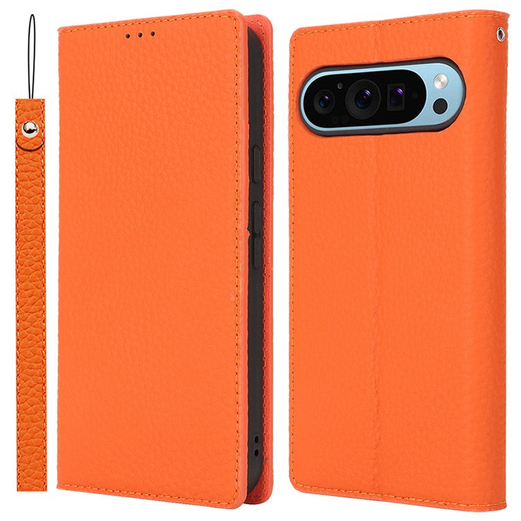 For Google Pixel 9 Pro XL Case Litchi Texture Genuine Cow Leather Phone Cover - Orange