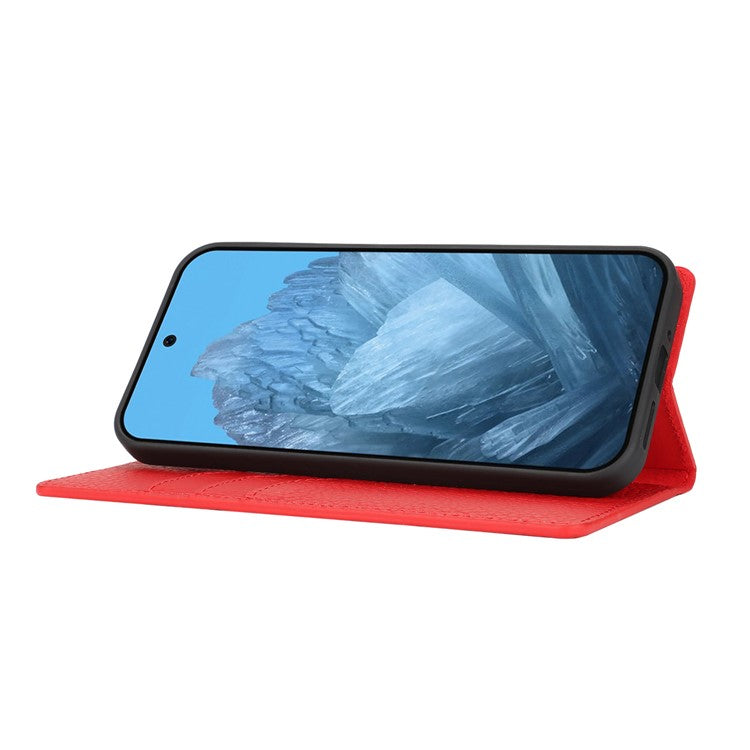 For Google Pixel 9 Pro XL Case Litchi Texture Genuine Cow Leather Phone Cover - Red