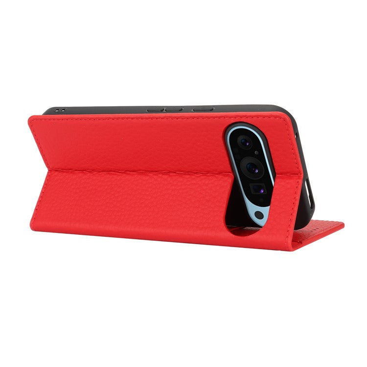 For Google Pixel 9 Pro XL Case Litchi Texture Genuine Cow Leather Phone Cover - Red