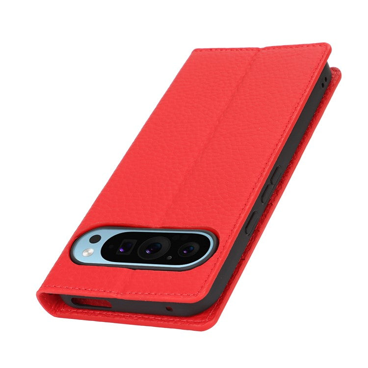For Google Pixel 9 Pro XL Case Litchi Texture Genuine Cow Leather Phone Cover - Red
