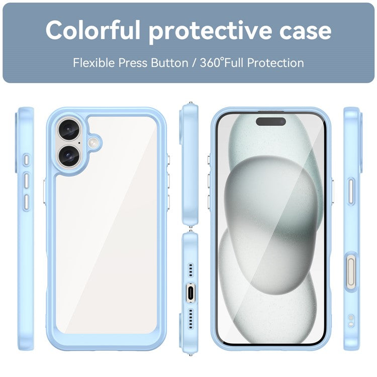 For iPhone 16 Plus Case TPU Frame Clear Acrylic Back Phone Cover - Blue