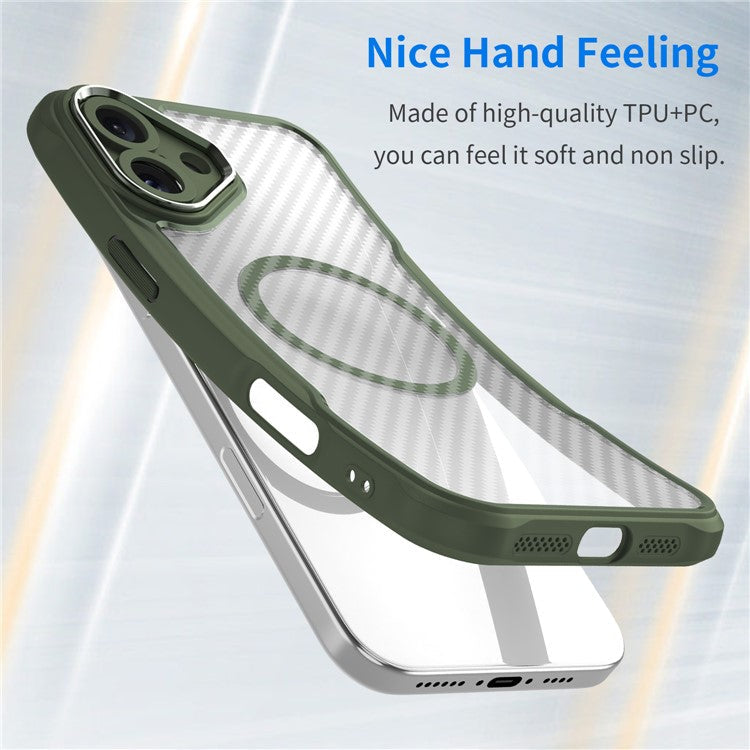 For iPhone 16 Plus Magnetic Case TPU+PC Phone Cover Carbon Fiber Texture - Green