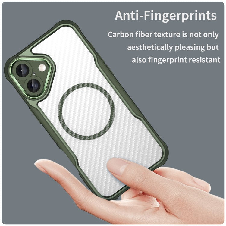 For iPhone 16 Plus Magnetic Case TPU+PC Phone Cover Carbon Fiber Texture - Green