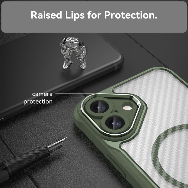 For iPhone 16 Plus Magnetic Case TPU+PC Phone Cover Carbon Fiber Texture - Green
