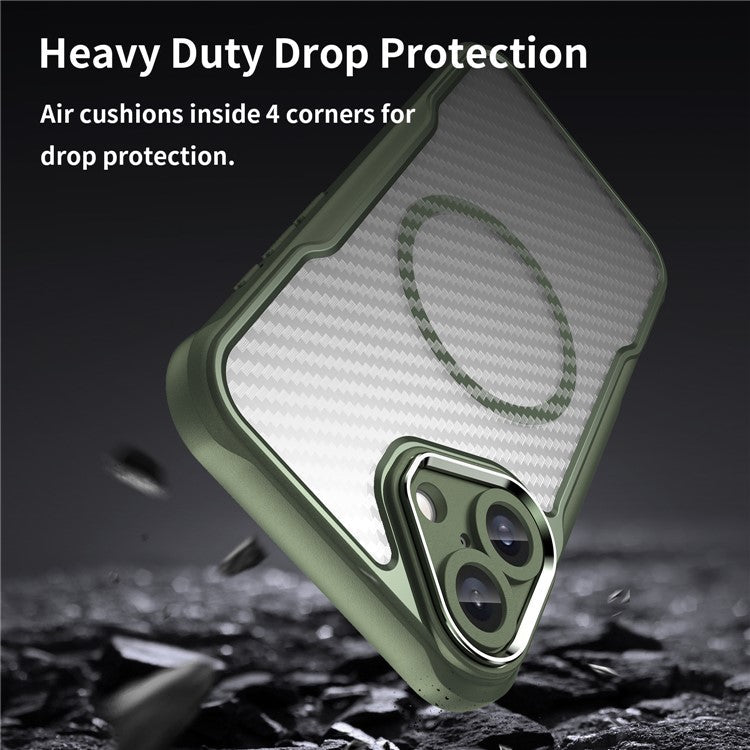 For iPhone 16 Plus Magnetic Case TPU+PC Phone Cover Carbon Fiber Texture - Green
