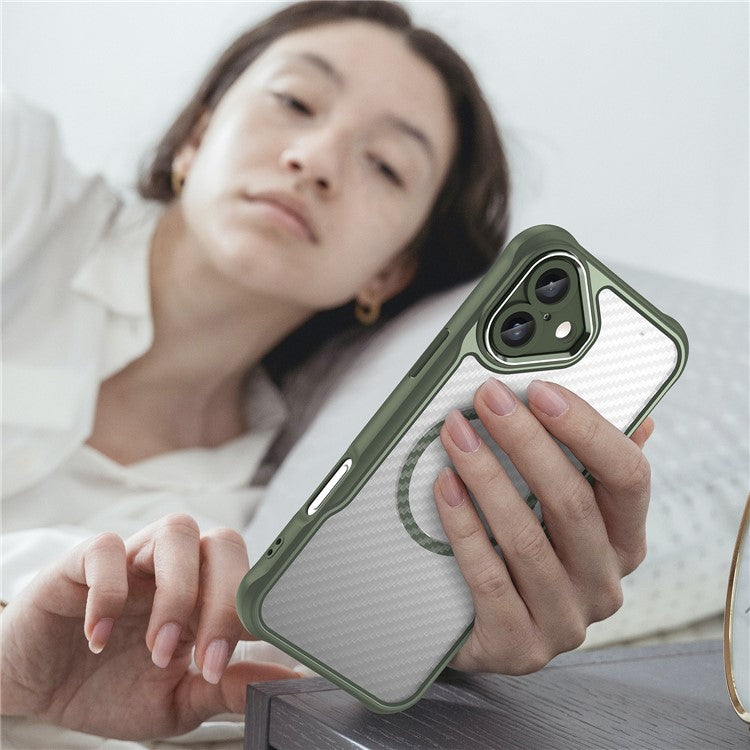 For iPhone 16 Plus Magnetic Case TPU+PC Phone Cover Carbon Fiber Texture - Green