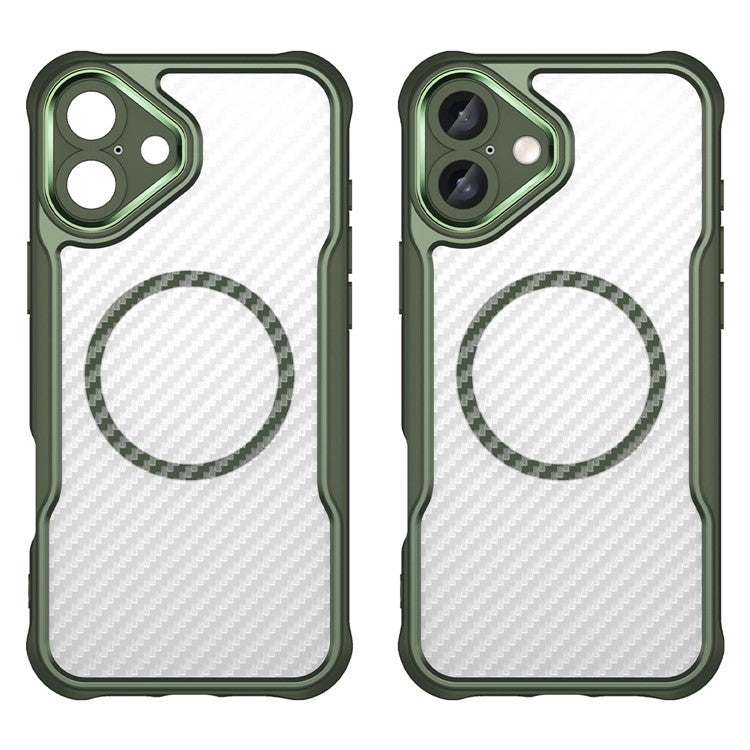 For iPhone 16 Plus Magnetic Case TPU+PC Phone Cover Carbon Fiber Texture - Green