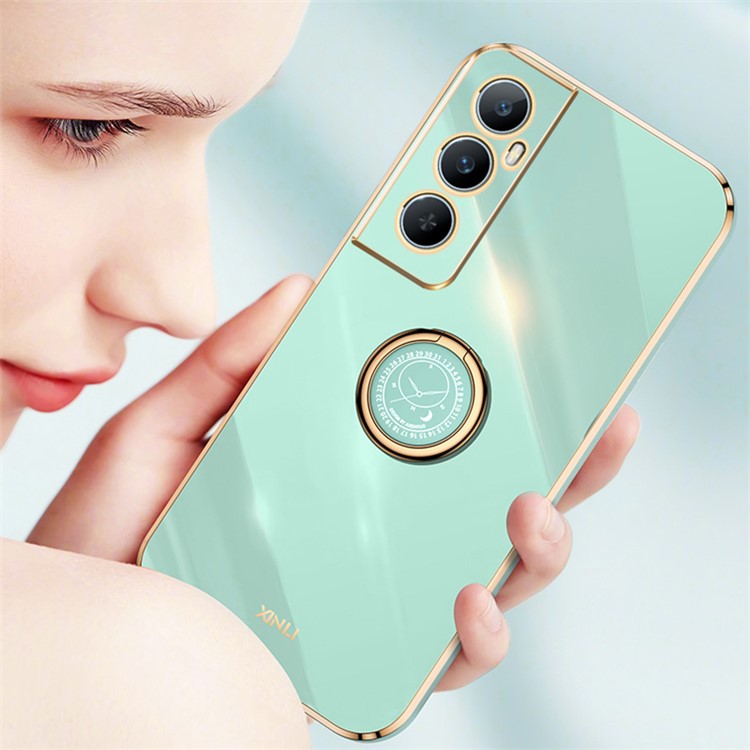 XINLI For Realme C65 4G Case Ring Holder Kickstand Electroplating TPU Phone Cover - Cyan