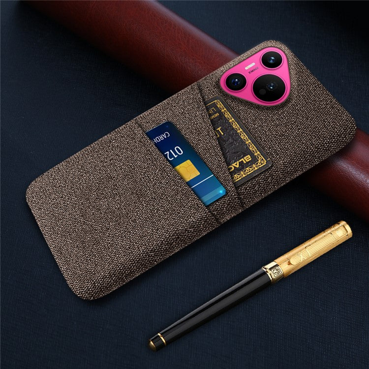 For Huawei Pura 70 Case Card Holder Cloth Texture Hard PC Phone Back Cover - Brown