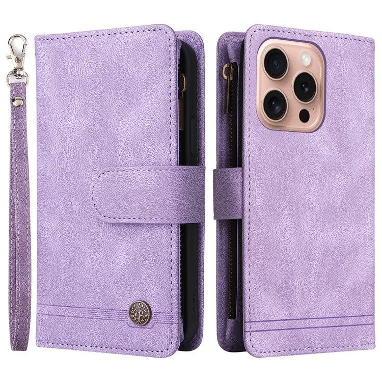 For iPhone 16 Pro Case Leather Folio Wallet Phone Cover with Stand Zipper Pocket - Purple