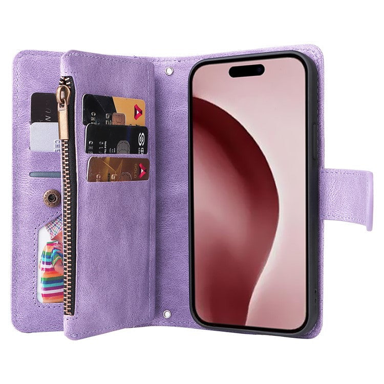 For iPhone 16 Pro Case Leather Folio Wallet Phone Cover with Stand Zipper Pocket - Purple