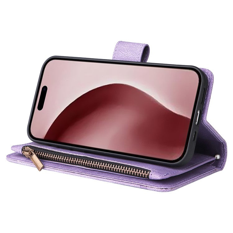 For iPhone 16 Pro Case Leather Folio Wallet Phone Cover with Stand Zipper Pocket - Purple