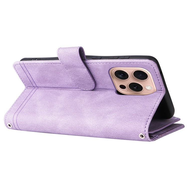 For iPhone 16 Pro Case Leather Folio Wallet Phone Cover with Stand Zipper Pocket - Purple