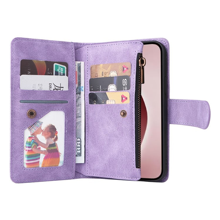 For iPhone 16 Pro Case Leather Folio Wallet Phone Cover with Stand Zipper Pocket - Purple