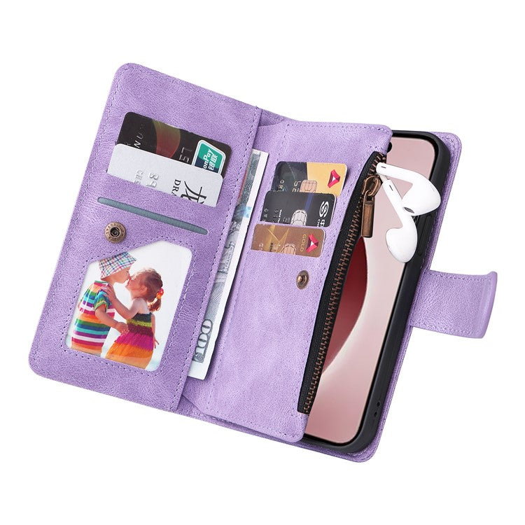 For iPhone 16 Pro Case Leather Folio Wallet Phone Cover with Stand Zipper Pocket - Purple