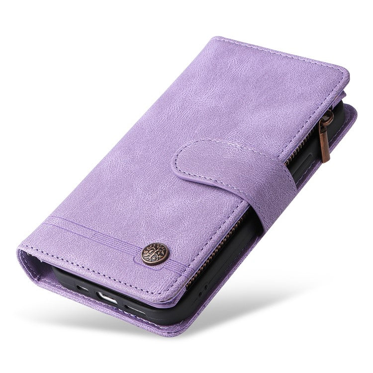 For iPhone 16 Pro Case Leather Folio Wallet Phone Cover with Stand Zipper Pocket - Purple