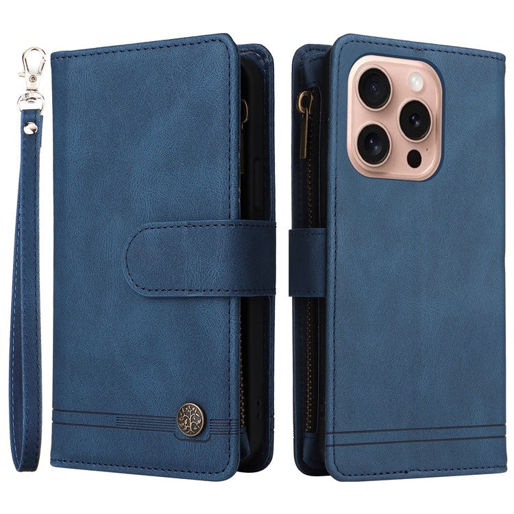 For iPhone 16 Pro Case Leather Folio Wallet Phone Cover with Stand Zipper Pocket - Blue