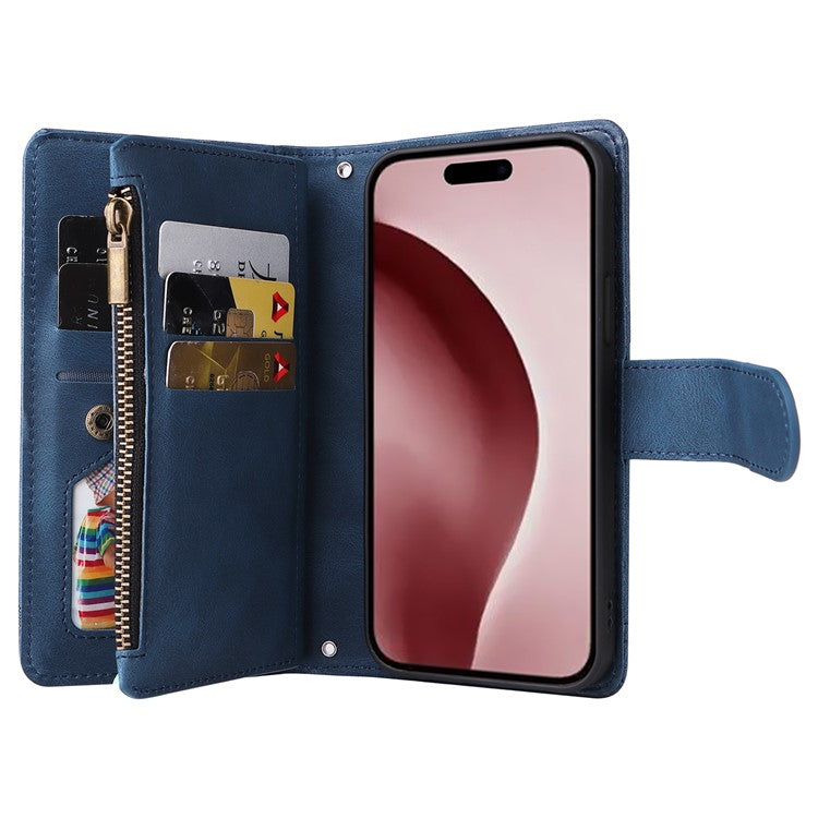 For iPhone 16 Pro Case Leather Folio Wallet Phone Cover with Stand Zipper Pocket - Blue