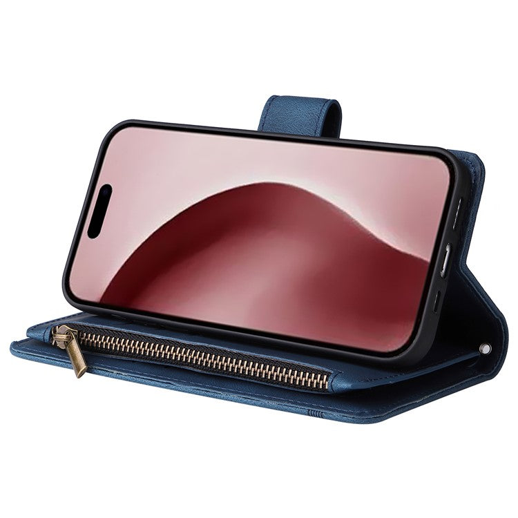 For iPhone 16 Pro Case Leather Folio Wallet Phone Cover with Stand Zipper Pocket - Blue