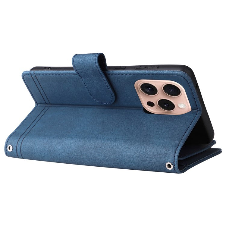 For iPhone 16 Pro Case Leather Folio Wallet Phone Cover with Stand Zipper Pocket - Blue