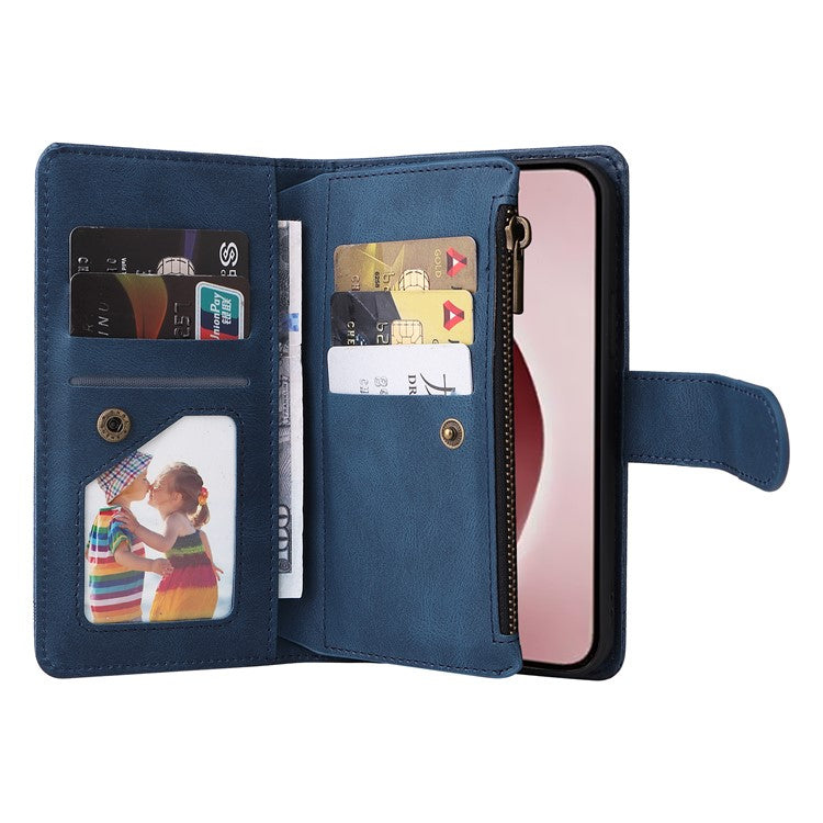 For iPhone 16 Pro Case Leather Folio Wallet Phone Cover with Stand Zipper Pocket - Blue