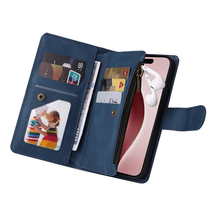 For iPhone 16 Pro Case Leather Folio Wallet Phone Cover with Stand Zipper Pocket - Blue