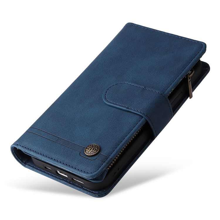 For iPhone 16 Pro Case Leather Folio Wallet Phone Cover with Stand Zipper Pocket - Blue