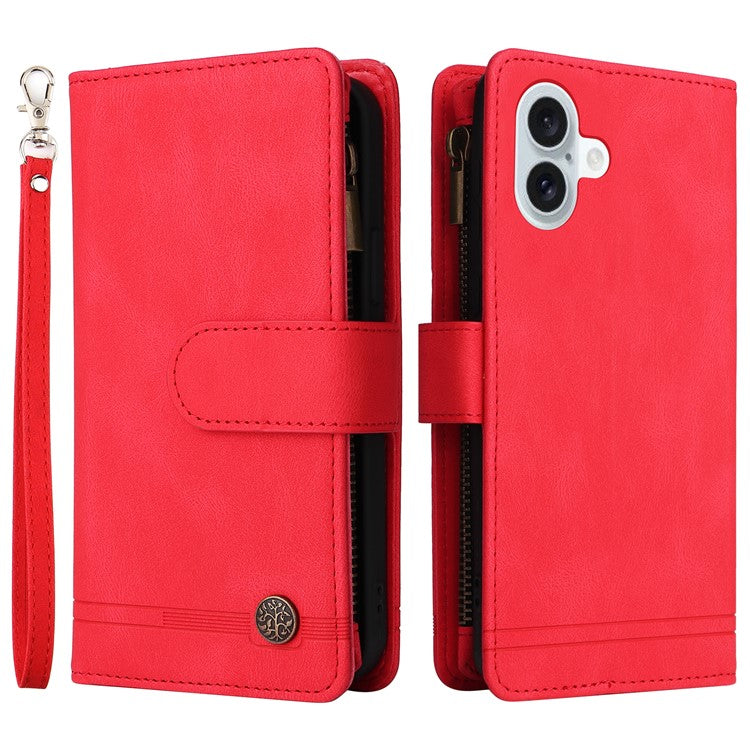 For iPhone 16 Plus Case Zipper Pocket Leather Flip Phone Cover with Hand Strap - Red