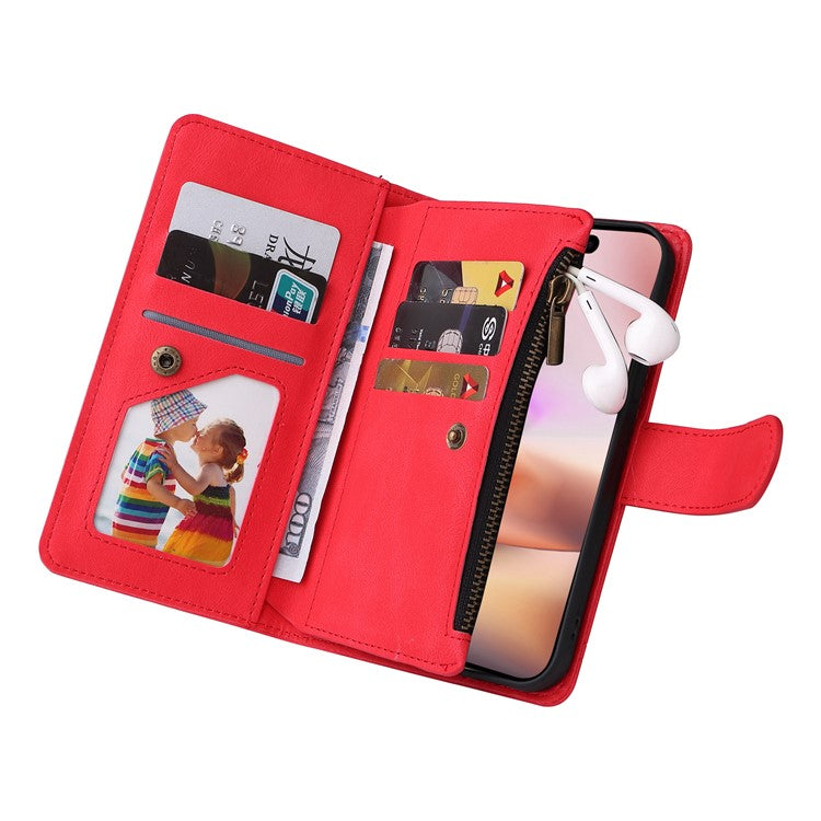 For iPhone 16 Plus Case Zipper Pocket Leather Flip Phone Cover with Hand Strap - Red