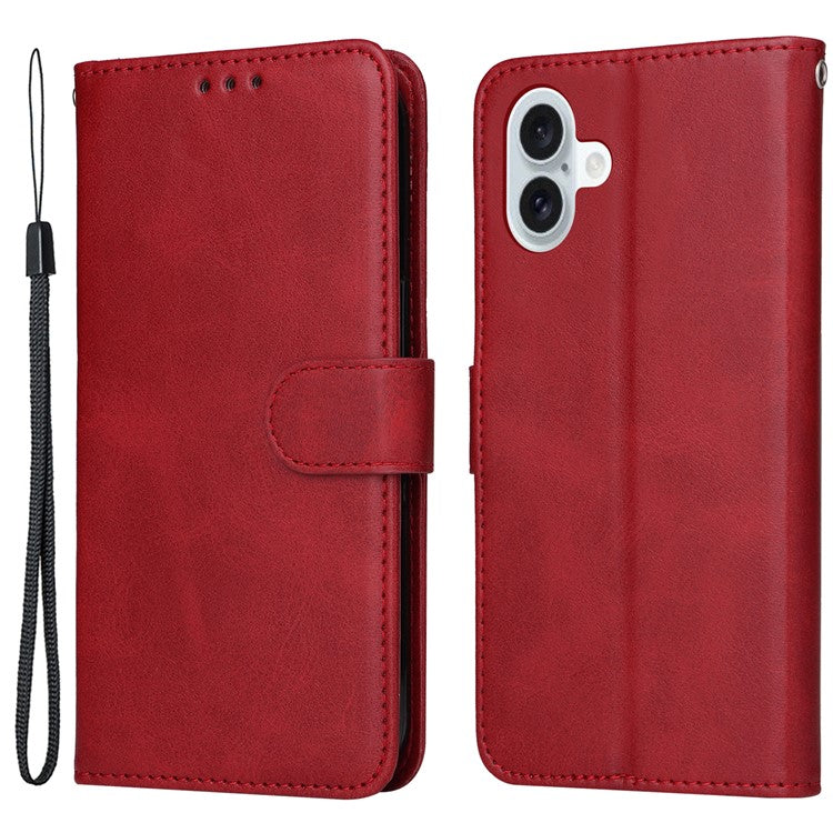 For iPhone 16 Plus Leather Wallet Case Calf Texture Magnetic Clasp Cell Phone Cover - Red