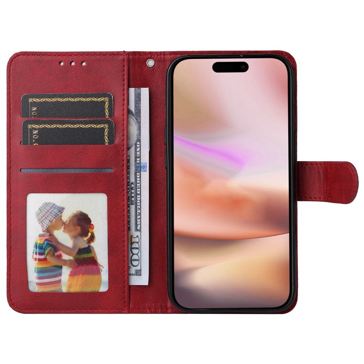 For iPhone 16 Plus Leather Wallet Case Calf Texture Magnetic Clasp Cell Phone Cover - Red