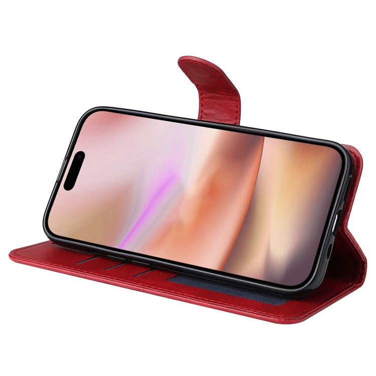 For iPhone 16 Plus Leather Wallet Case Calf Texture Magnetic Clasp Cell Phone Cover - Red